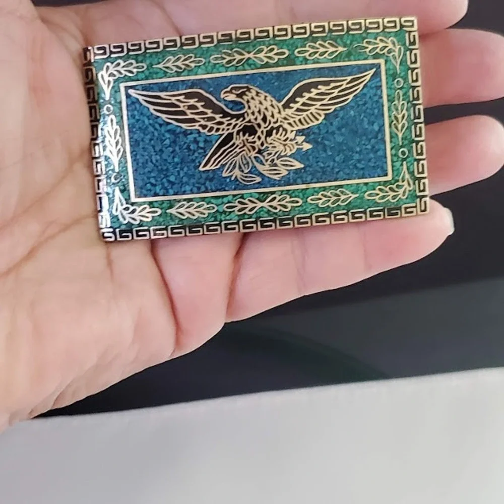 VTG Taxco Mexico Eagle Belt Buckle Turquoise Malachite Chip Inlay Silver Tone